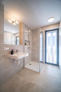 uma casa de banho com um lavatório, um chuveiro e um espelho. em Holiday House U Hájenky 11P Lipno Home em Lipno nad Vltavou