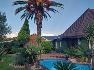 a palm tree in front of a house with a swimming pool at African Elephant's Den in Klerksdorp