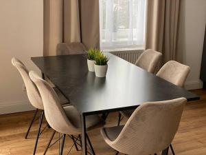 una mesa de comedor negra con sillas y plantas. en Ferienwohnung Castellino, en Kastellaun
