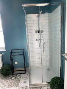 y baño con ducha y puerta de cristal. en Ferienwohnung Castellino, en Kastellaun