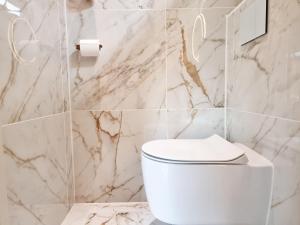 a white toilet in a bathroom with marble walls at Vakantiehuis Dishoek DI04 in Dishoek +31 photos