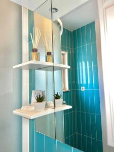 łazienka z lustrem i półkami z roślinami w obiekcie Vespera Apartments w Bol