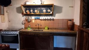 a kitchen with a counter and a sink and a stove at Casa Verde-Casa de Temporada no Bichinho in Bichinho