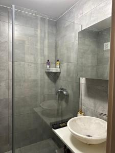 een badkamer met een glazen douche en een wastafel bij Apartrip Komenskeho in Košice