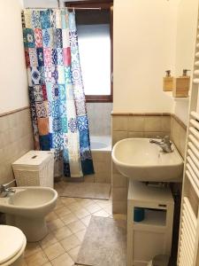 y baño con lavabo, aseo y cortina de ducha. en Casa di Arianna in centro storico a Vimercate, en Vimercate