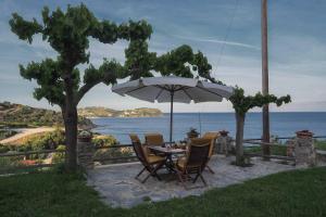 a table and chairs under an umbrella with a view of the ocean at Sonia Rustic Mansion - 5bd 30 Sec Walk To Beach in Agioi Apostoli
