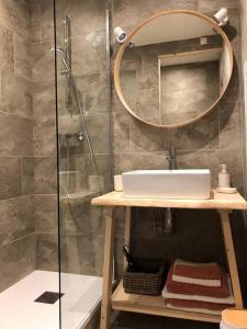 La salle de bains est pourvue d'un lavabo et d'une douche avec un miroir. dans l'établissement Studio Beethoven, à Lans-en-Vercors