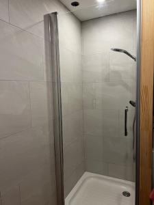 eine Dusche mit Glastür im Bad in der Unterkunft Appartement 6-8 pers, proche mer in Linguizzetta