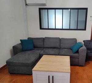 ein Wohnzimmer mit einem Sofa und einem Couchtisch in der Unterkunft Appartement 6-8 pers, proche mer in Linguizzetta