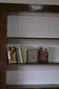 a book shelf with books on it at Hutsul hygge house in Velykyi Khodak