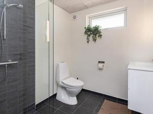 a bathroom with a toilet and a shower and a window at Holiday home Læsø II in Læsø