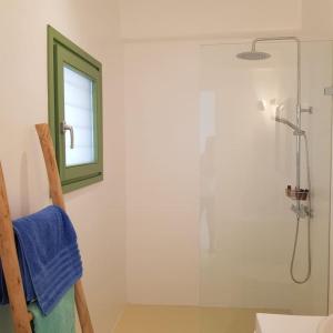 a bathroom with a shower with a window and a mirror at Secret Garden - Apartment with jacuzzi in Kampos Paros