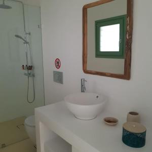 a bathroom with a sink and a mirror and a toilet at Secret Garden - Apartment with jacuzzi in Kampos Paros