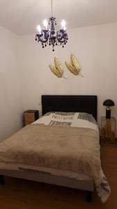 a bedroom with a bed and a chandelier at Appartement cosy centre ville in Roanne