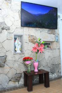 TV en una pared de piedra con una mesa con flores en Suna Bacata, en Bogotá