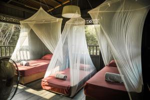 two beds in a room with mosquito nets at Harrera Perhentian, Long Beach in Perhentian Island