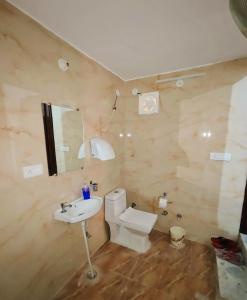 La salle de bains est pourvue d'un lavabo, de toilettes et d'un miroir. dans l'établissement The Nest, à Jaipur