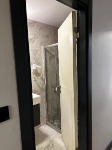 a bathroom with a shower and a glass door at Galata King Suite Hotel in Istanbul