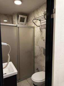 a bathroom with a shower and a toilet and a sink at Galata King Suite Hotel in Istanbul