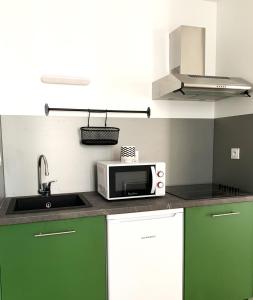 a kitchen with green cabinets and a microwave at Le Mandragot in Bedous