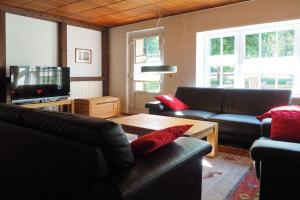 a living room with two couches and a television at Schröderhof in Unterlüß