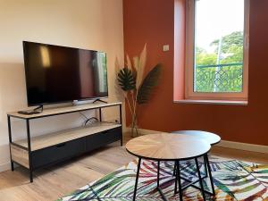 a living room with a flat screen tv on a stand at Studio Le Cilaos, au cœur de Castres in Castres