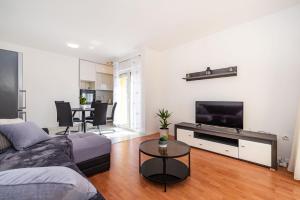 ein Wohnzimmer mit einem Sofa und einem Flachbild-TV in der Unterkunft Apartments Sandra in Turanj