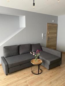 sala de estar con sofá y mesa con flores en Apartamenty, en Miechów