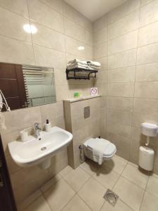 a bathroom with a sink and a toilet at Black Iris Hotel II in Madaba