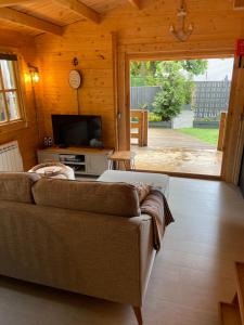 a living room with a couch and a television at O Dan Y Coed Swedish Log Cabin with New 2024 Wood Fired Hot Tub in Chwilog