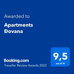 Un certificat, premiu, logo sau alt document afișat la Apartments Đovana