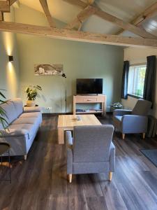 uma sala de estar com dois sofás e uma televisão em De Heide em Odoorn