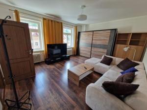 a living room with a couch and a tv at Apartmán 63m2 s balkonem v lázeňském centru in Karlovy Vary