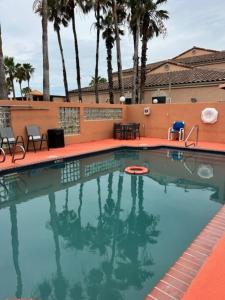 a large swimming pool with chairs and palm trees at Super 8 by Wyndham South Padre Island in South Padre Island