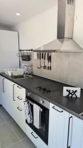 een keuken met een wastafel en een fornuis top oven bij Greco Paradise Suites - ADULT ONLY in Nea Skioni