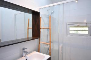 a bathroom with a sink and a mirror and a shower at Tiokers - Hossegor - Confortable villa sur terrain clos idéalement située entre lac et Océan et à 1200m du centre ville in Soorts-Hossegor +7 photos