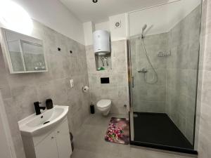 een badkamer met een douche, een toilet en een wastafel bij My Wolly Hostel Füssen in Füssen