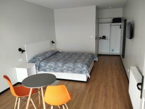 Bogucin的住宿－Motel Express，卧室配有一张床和一张桌子及椅子