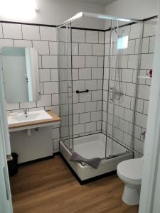a bathroom with a shower and a sink and a toilet at Motel Express in Bogucin