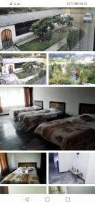 un collage de cuatro fotos de camas en una habitación en Hostería la Gaviota en Riobamba