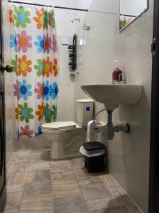 łazienka z toaletą, umywalką i zasłoną prysznicową w obiekcie Hospedaje Campestre Villa Niny w mieście San Gil
