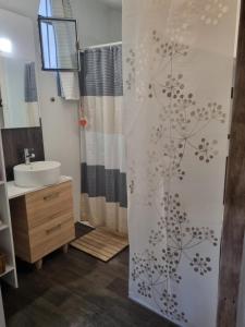 a bathroom with a sink and a shower curtain at Gîte Maison provençale entre Aix et Marseille in Gardanne