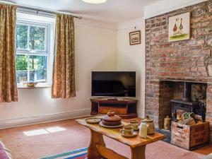 Poplar Farm Cottage في Westbury-sub-Mendip: غرفة معيشة مع موقد وتلفزيون