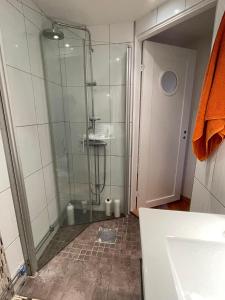 baño con ducha y puerta de cristal en Bommarvikens Bed & Breakfast en Olofström