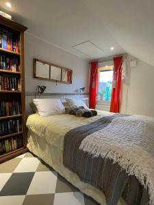a bedroom with a bed and a book shelf at Bommarvikens Bed & Breakfast in Olofström