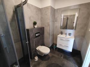 a bathroom with a toilet and a shower and a sink at Hotel Slobi in Štúrovo