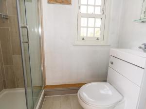baño con aseo y lavabo y ventana en Rose Cottage en Dorchester