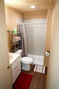 a small bathroom with a toilet and a sink at Private Hot tub-Lakefront-Deer Lodge in Commerce