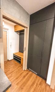 Vantisch Apartment في فلاسيم: مطبخ فارغ مع خزانة كبيرة وأرضيات خشبية