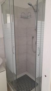 baño con ducha y puerta de cristal en Casa vacanze in pietra Il Nibbio Reale, en Semproniano